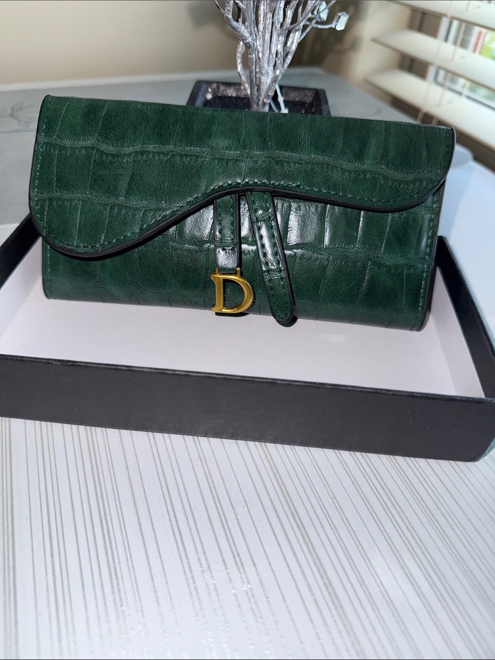 Designer-Inspired Green Leather Clutch with Gold 'D' Accent